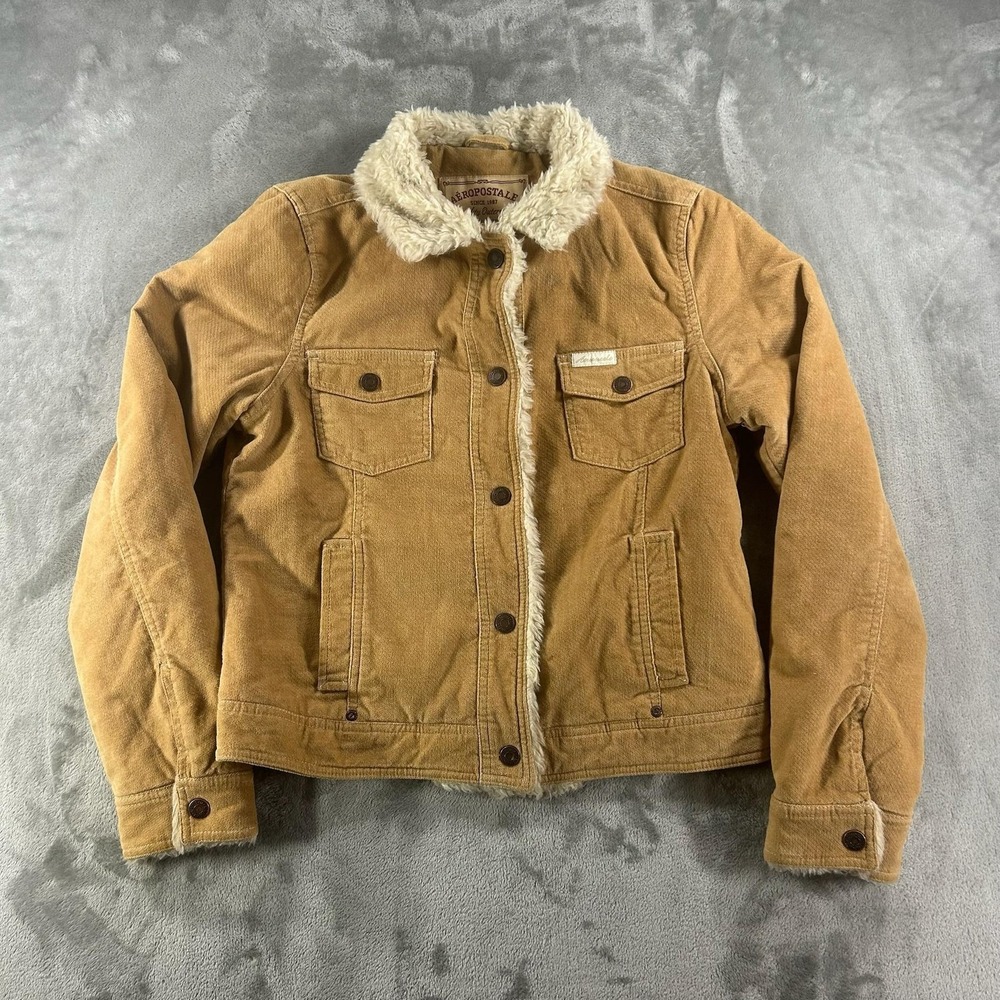 Aeropostale Jacket Mens Medium Brown Corduroy Sherpa Collar Quilted Lined